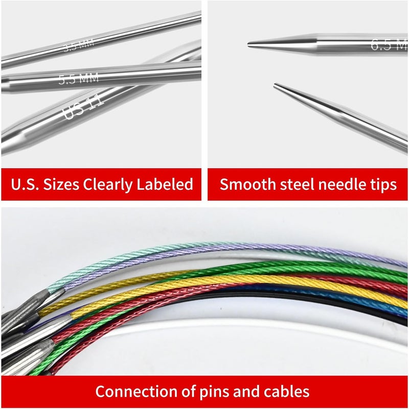 Soosui 7.0mm Circular Knitting Needles - 16-inch/40cm US10.75 Ergonomic Stainless Steel Set with Tangle-Free Cable and Smooth Joints, Ideal for Hats, Socks, and Sleeves - Image 5